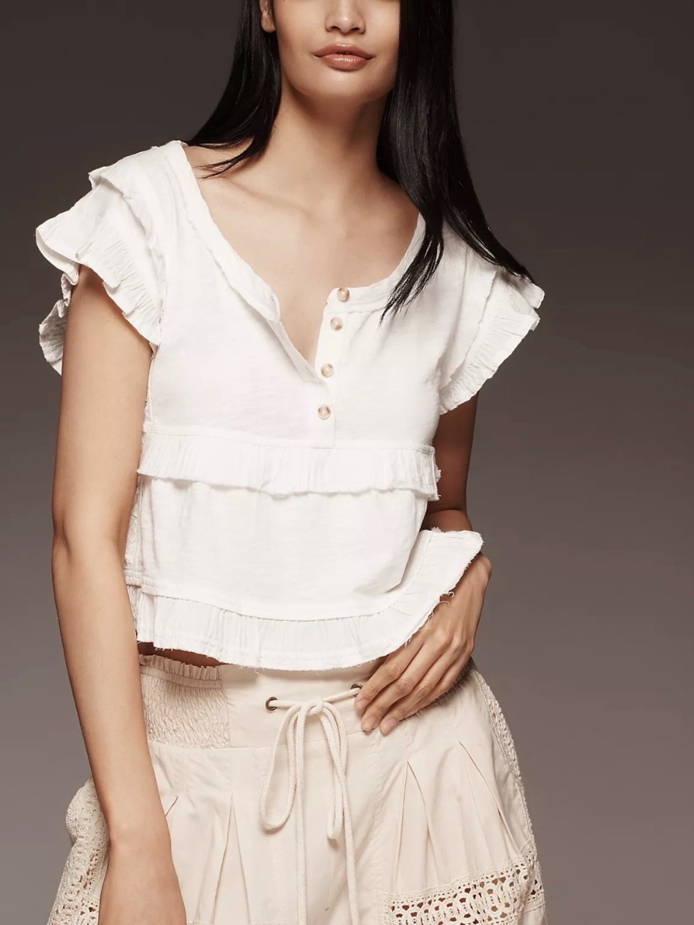 Anthropologie Pilcro boho fairy cottagecore coquette Henley ruffle crop baby tee